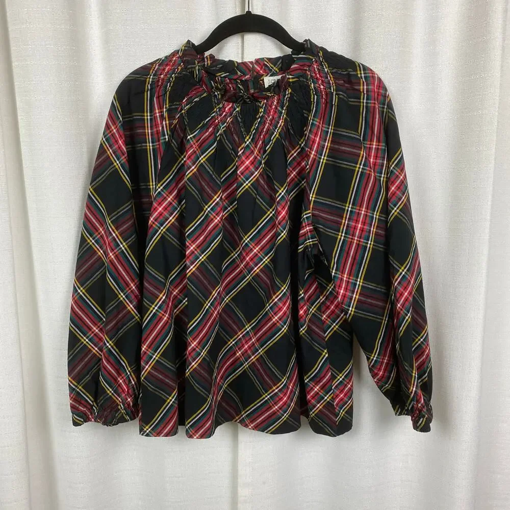 J.Crew Black&Red Holiday Plaid Puff Sleeve Blouse Sz.L NWT